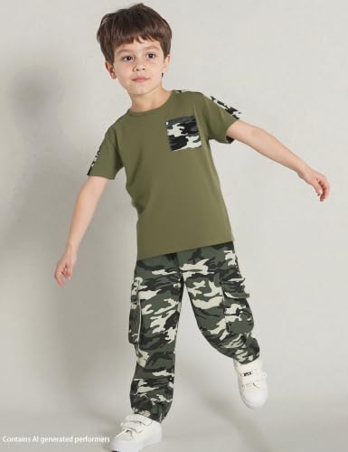 Image of mksodopy Boys Clothes Outfits Set, Camo Cargo Pants and Short Sleeve Pocket Tee 2PC Summer Tracksuit for Kids 5-16Y