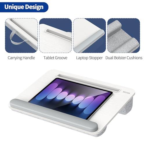 Besign LT08 Laptop Stand, Portable Lap Desk with Pillow Cushion, Fits up to 14 inch Laptop, with Anti-Slip Strip for Desk, Sofa & Bed, White and Gray