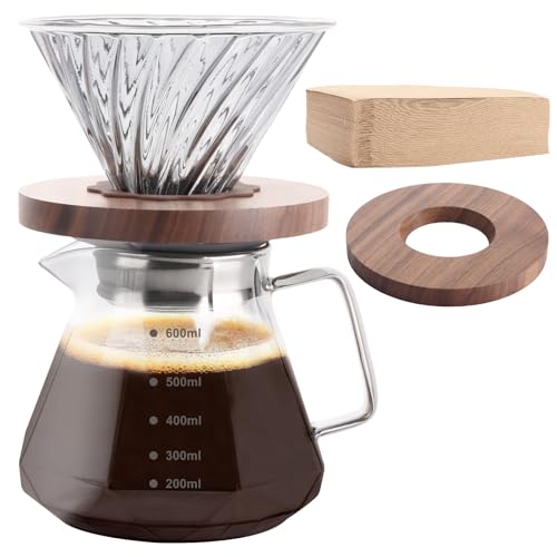 WOPPLXY Pour Over Coffee Maker, 600ml Borosilicate Glass Coffee Pot with 100pcs Size 02 Paper Filter, Walnut Handle Brew Drip Coffee Maker Carafe for Home, Restaurant, Café