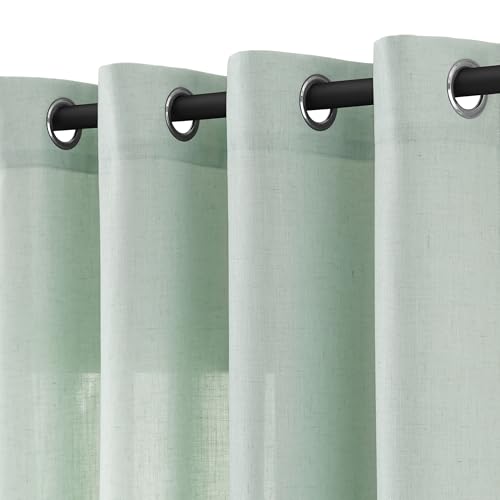 Jowels Aqua Green Linen Curtains 90 Inch Length 2 Panels for Living Room Bedroom, Light Filtering Sheer Curtains 90 Inches, Modern Farmhouse Grommet Semi Sheer Soft Privacy Drapes
