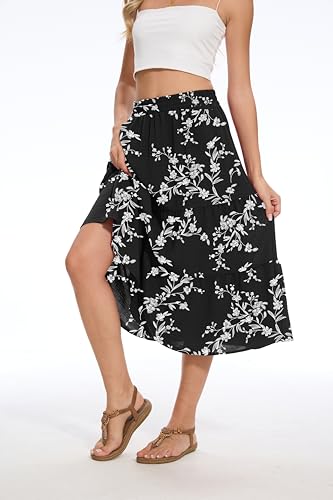 AYIFU Women's Summer Midi Skirt Tiered Flowy High Waist A-Line Elastic Ruffle Casual Skirts with Pockets, White Flower Black, M - Image 3