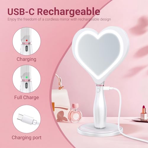 Vanity Grand Travel Makeup Mirror With 3 Color Lighting, Stepless Dimming, Handheld & Standing Dressing Table Mirror, Magnetic Base, Gifts For 13 Year Old Girls (Pearl White) - 6