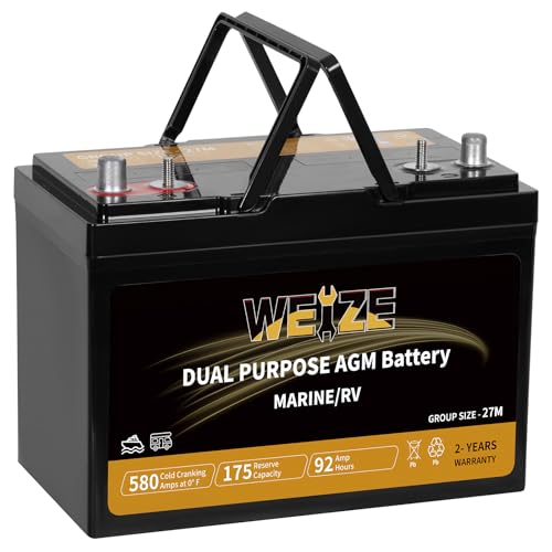 Weize Dual Purpose AGM Battery BCI Group 27M, 175RC 580CCA 12V 92AH Starter & Deep Cycle Sealed Marine & RV Battery