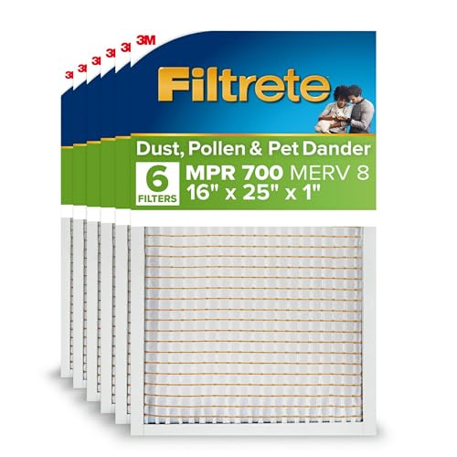 Filtrete 16x25x1 AC Furnace Air Filter, MPR 700, MERV 8, Tough on Pollen, Easy on Airflow, 3-Month Pleated 1-Inch Electrostatic Air Cleaning Filter, 6-Pack (Actual Size 15.68 x 24.56 x 0.78 in)