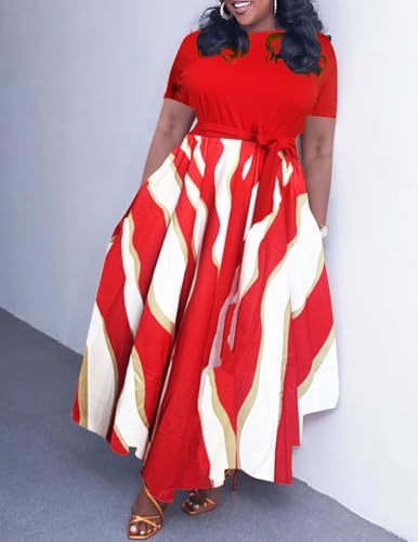 Image of Hostoyo Women Plus Size Formal A Line Maxi Dress Self Tie Waist with Pockets Elegant Round Neck Swing Long Dresses