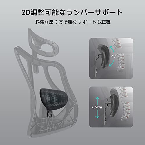 Hbada オフィスチェア デスクチェア 椅子 2Dアームレスト 可動式ヘッドレスト 腰痛 ランバーサポート ハイバック メッシュ 約145度リクライニング フットレスト付き 通気性 360度回転 座面昇降 鋼製ベース 静音PUキャスター E1 [2]