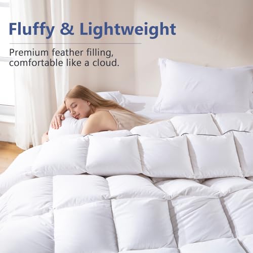 DOWNCOOL Feather Comforter Oversized Queen, 100% Cotton White Duvet Insert, All Season Ultra Soft Hotel Collection Bedding Comforters with Corner Tabs, Oversized Queen Size 98 x 98 Inch