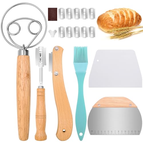 Mispudin 6 Stk Bäckermesser Set - inkl. Brot Einschneidemesser mit 10 Bäckerklinge & Lederschutzhülle, Teigmesser, Dänischer Schneebesen, 2...