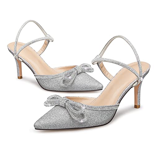 RIBONGZ Women's Wedding Shoes Glitter Sparkly Pointed Toe Strappy High Heels Sexy Ankle Strap Pumps Bridal Party Work Dress Shoes