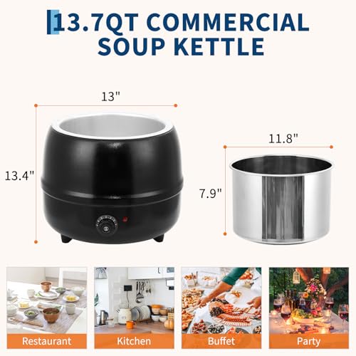 Image of GarveeHome Soup Warmer, 13.7 Quarts Commercial Grade Soup Kettle with Hinged Lid and Detachable Stainless Steel Insert Pot, Food Warmer with Anti-Scald Handle for Restaurants, Buffet, Catering | Food Warmer with Detachable Stainless Steel Insert Pot and Anti-Scald Handle for Restaurants, Buffet, Catering