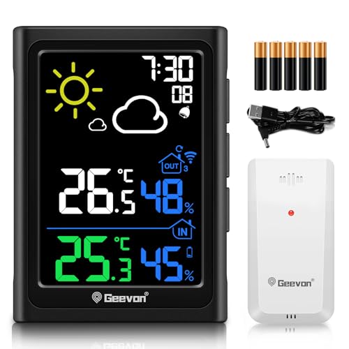 Geevon DCF Wetterstation Funk mit Außensensor, Wetterstationen Innen und Außentemperatur Funk mit Wettervorhersage Digitales Thermometer Hygrometer (246278 Ohne DCF mit Batterien)