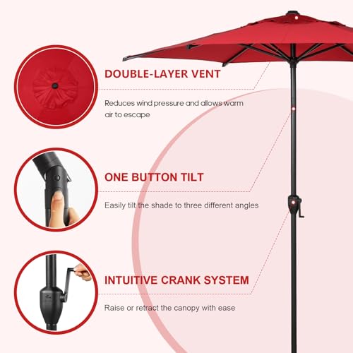 Image of Abba Patio 7.5FT Lyon Outdoor Patio Umbrella Outdoor Table Umbrella with Push Button Tilt and Crank Market Umbrella 6 Sturdy Ribs UV Protection Waterproof for Garden Deck Backyard Pool Dark Red