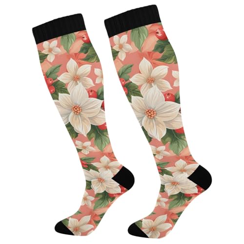 MFTJYO White Flower Green Leaves Pink Women's Compression Socks for Women Men Knee High Socks Long Circulation for Athletic Running