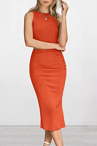 Prettygarden Women's 2 Piece Summer Outfits Crewneck Tank Tops Split Bodycon Midi Skirt Dress Set (Orange,Medium) #TOP6