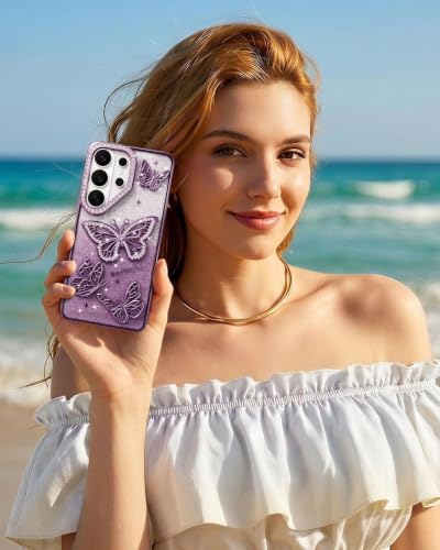 Image of Elzzi Electroplated Butterfly Phone Cover for Samsung S26 Ultra Case, Showcasing Pearlescent Diamond Soft TPU, Camera Protection, Shockproof, Dropresistant Stylish for Girls & Women (Purple)