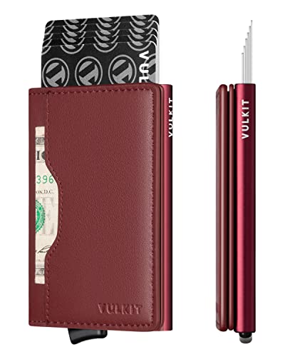 Image of VULKIT Slim Pop up Wallet for Women Minimalist Credit Card Holder with Leather Slots Men's Bifold RFID Blocking Metal Wallets, Ruby, S, Minimalist