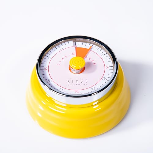 Image of Gibox Round Retro Kitchen Timer for Cooking (Yellow) Stainless Steel Mechanical Loud Alarm, Ringer 60 Min Count Stopwatch for Time Management Analogue Clock Reminder for Various Activity