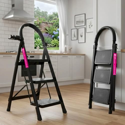 Image of Casa Copenhagen Black 3 Step Ladder for Home Use with Built-in Tool Tray | Heavy Duty D Shape Rods |Large Platform | Wide Rubber Feet | 150Kg Capacity Foldable Ladder - 7 Years Warranty