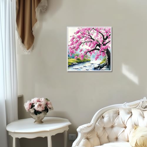 Image of Diamond Art Kits for Adults Landscape, 5D DIY Diamond Painting Kits for Adults Beginner, Pink Cherry Blossom Tree DIY Paint By Diamonds Dots with Gem Art for Home Wall Decor 13.8x13.8 inch