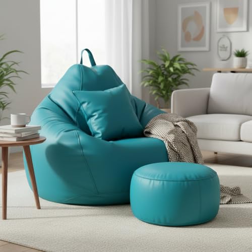 Image of KAM'S LIEU 6XL Jumbo Premium Bean Bag Chair with Footrest & Cushion | Filled with High Density EPS Beans | Comfortable Sofa for Living Room & Bedroom | 6 Months Warranty, Color- (Aqua, 6XL, Premium)