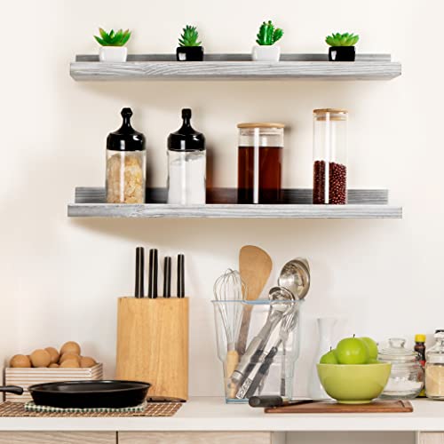 Annecy Floating Shelves Set Of 3, 24 Inch Grey Ledge Shelves For Wall, Wall Storage Shelves With Guardrail Design For Bedroom, Bathroom, Kitchen, Office, 3 Different Sizes #TOP4