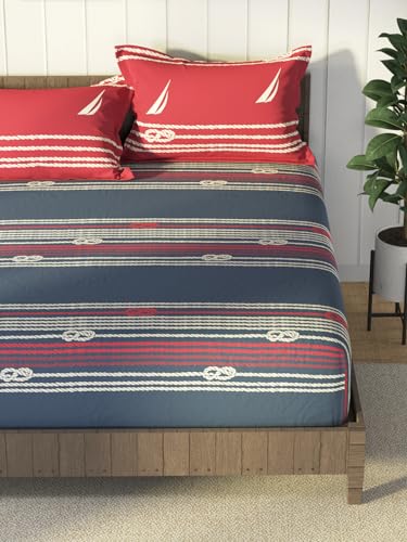 Image of NAUTICA Super Soft 100% Cotton King Bedsheet with 2 Pillow Covers -3pc Set (Bradford) | 160TC | Super Soft Touch Ornamental-red /Blue