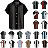 Vintage Contrast Color Bowling Shirts for Men Retro Short Sleeve Button Down Shirt Hawaiian Casual C