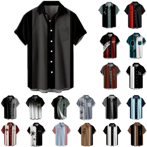Vintage Contrast Color Bowling Shirts For Men Retro Short Sleeve Button Down Shirt Hawaiian Casual Coconut Print Beach Shirt(A-Black,4X-Large) #TOP29