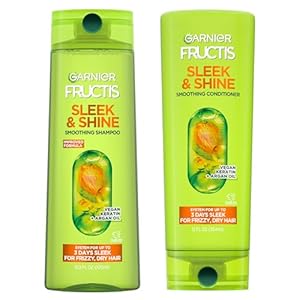 Garnier Fructis Sleek & Shine Shampoo (22 Fl Oz) + Conditioner (21 Fl Oz) Set for Frizzy, Dry Hair, Plant Keratin + Argan Oil (2 Items), 1 Kit (Packaging May Vary)