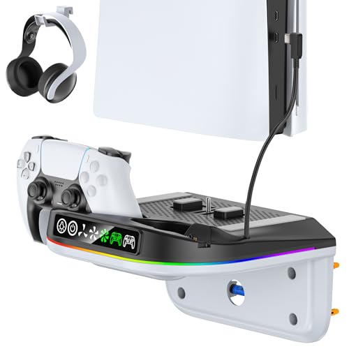 P5 Wall Mount Kit Cooling Station with Dual Controller Charger, Floating Shelf Behind TV for P5/Slim/Pro, Wall Bracket Compatible with P5 Disc & Digital, 9 RGB Lights P5 Fan Accessories, Black & White