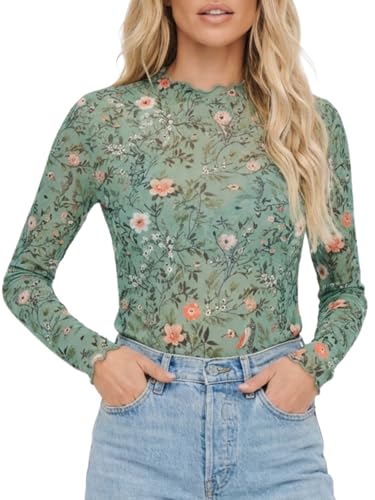 YVH Womens Sheer Mesh Stretchy Blouse Tops Long Sleeve...