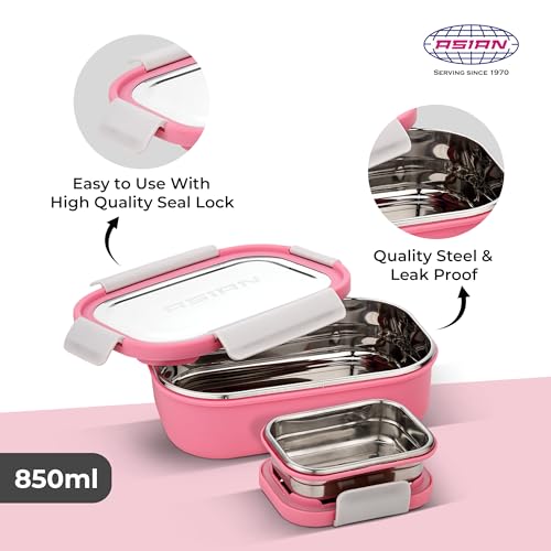 Image of Asian Plastowares - Snack Pack SS Lunch Box | Tiffin Box - Leak-Proof, Airtight | Lunch Box for Kids & Adults | Durable & Spill-Free School, Office, and College Tiffin | Bright Pink