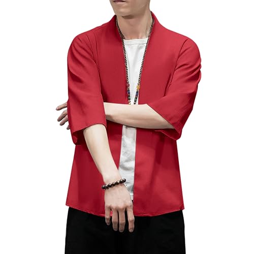 Image of PRIJOUHE Men's Kimono Jackets Cardigan Lightweight Casual Cotton Blends Linen Seven Sleeves Open Front Coat Outwear
