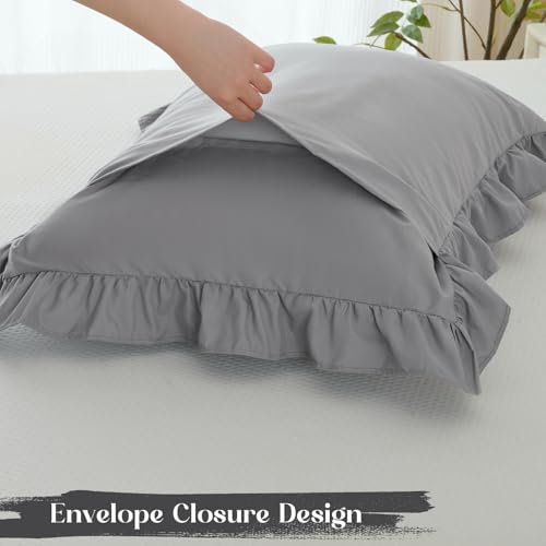 Image of Homiest 3-Pieces Ruffle Pillow Case & Fitted Sheet Set, Grey Queen Sheets with 2 Ruffled Pillow Shams, 15 Inch Deep Pocket, Cute & Coquette Microfiber Bed Set for Decorating Bedroom Hotel