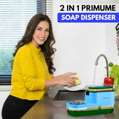 Image of Ranox Soap Dispenser for Kitchen Sink Accessories, Dish Wash Liquid Dispenser Pump 400ml with Sponge Holder, Bathroom Soap Dispensers, Kitchen Sink Organizer (Blue (Dual Dishwasher))