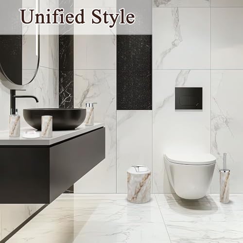 6 Piece Bathroom Accessories Set Beige Marble Abstract staturio Brown Real Stone Texture Trash can Toilet Brush Holder Toothbrush Holder Toothbrush Cup Soap Dispenser Soap Dish for Home by GISGBJW - Image 5