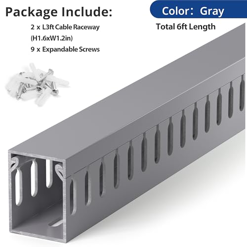 Image of 1.6 inch H x 1.2 inch W Cable Raceway, 6ft Under Desk Wire Management Channel, Grey