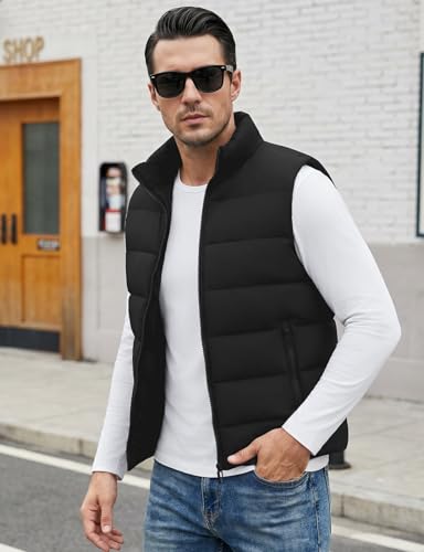 Image of WHN Men's Casual Puffer Vest Lightweight Full Zip Up Work Sleeveless Jacket Stand Collar Outerwear with 3 Pockets