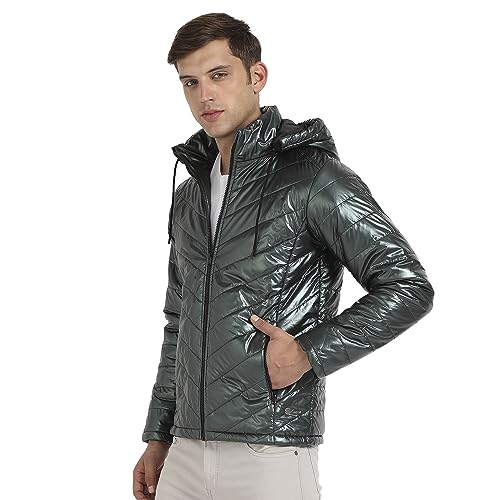 Image of Campus Sutra Men's Forest Green Zip-Front Quilted Puffer Jacket For Casual Wear | Hooded Neck | Long Sleeve | Zipper Closure | Polyester Jacket Crafted With Comfort Fit For Regular Wear