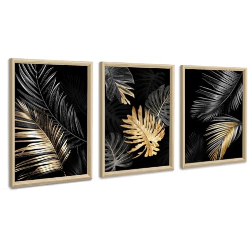 3Pcs Marco de Madera Cuadros Decorativos, Modernos Planta de Hojas de Oro Negro Cuadros Abstracto Lienzo Cuadros Decorativos Salón Dormitorio Comedor Oficina Decoración Listo para colgar 30x40cmx3