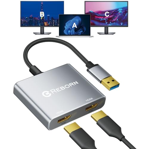 Image of Reborn USB to HDMI Adapter, 1080P@60Hz USB 3.0 Male to Dual HDMI Female Multi-Display Cable Converter Suitable for MacOS, Windows 7 /8 /10 /11 - Driver Installation is Required