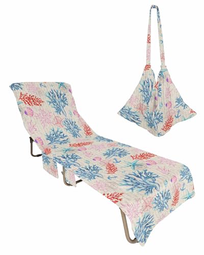Nautical Coral Starfish Beach Chair Cover with Side Pockets,Microfiber & Quick Dry Pool Chaise Lounge Chair Towels Covers for Sun Sunbathing Patio Garden Hotel,Vintage Coastal Seashell Compass Anchor
