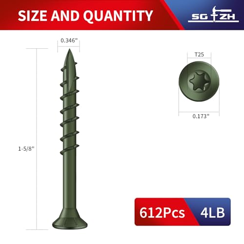 Image of #8 x 1-5 /8 inch Deck Screws (612Pcs) 4lb. Exterior Wood Screws. Carbon Steel, Green, Flat Head, Rust Resistant epoxy Coated, with T25 Star Bit