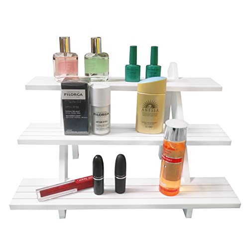 NAJMECHOY Retail Display Riser Earring & Ring Holder Brown Wood Stand Storage Shelf Rack Jewelry Rack Desktop Display Cup Rack Simple Frame White (3-Tier) - Image 3