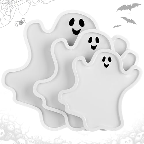 Maxcheck 3 Pcs Halloween Wooden Serving Tray Serving Plate Wooden Tray Fall Harvest Decorative Serving Platter Plate for Thanksgiving Snacks Cookies Fruits Candy Display Food Dish(White,Ghost)