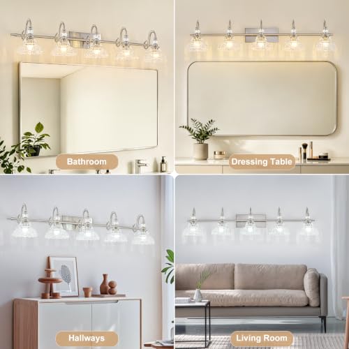 Image of Brushed Nickel Bathroom Vanity Light, 5-Light Nickel Finish Wall Sconce with Hanging Crystal Accents and Flower-Shaped Clear Glass Shades, Modern Wall Mount Vanity Light Over Mirror for Bathroom
