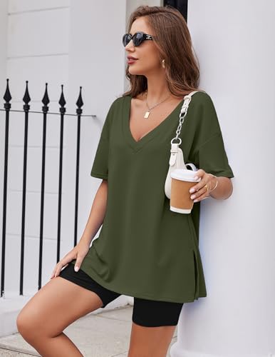 Image of Ekouaer Womens Pajamas 2 Piece Lounge Sets Oversized V Neck T-Shirts Tops Biker Shorts Set Workout Reversible Tracksuit Army Green /Black