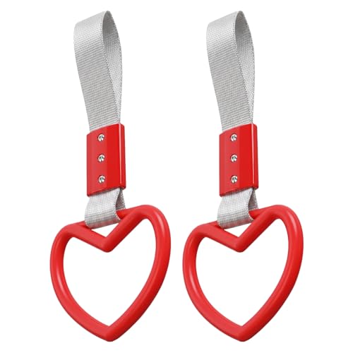 Image of 2PCS Heart Shaped Car Handle Straps, Rear Bumper Warning Keychain Ring for Car Exterior Accessories (Red-Silver)