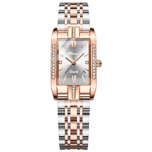 OIDEA Women's Bracelet Watch: Square Rhinestones Rose Gold Case Roman Numeral Analog Quartz Wristwatch Luminous Luxury Ladies Watch Stainless Steel Band Casual Dress Watches Silver