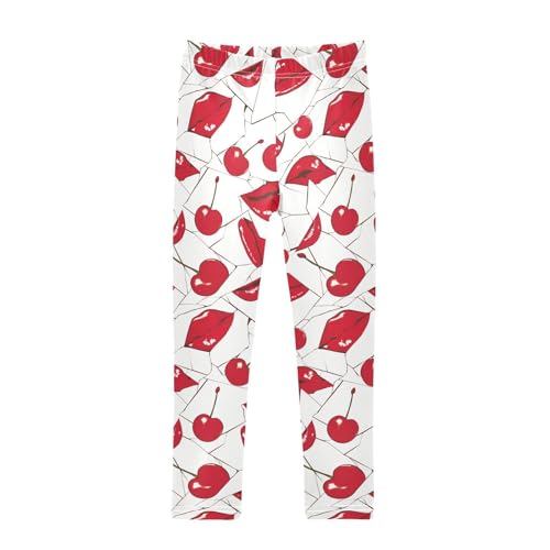 KLL Red Lips Cherry White Little Girls Leggings Soft High Waisted Lounge Pants Sports